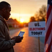 Um homem perto da bandeira americana e a indicação de urna de votação. Autor fala sobre o voto em Trump