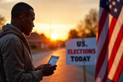 Um homem perto da bandeira americana e a indicação de urna de votação. Autor fala sobre o voto em Trump