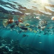 Foto do fundo do mar em direção à superfície, odem boiam materiais plásticos. É a parte visível da degradação dos oceanos.