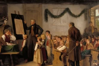 Ilustração mostra uma sala de aula do século XVIII, o ato educativo continua o mesmo.