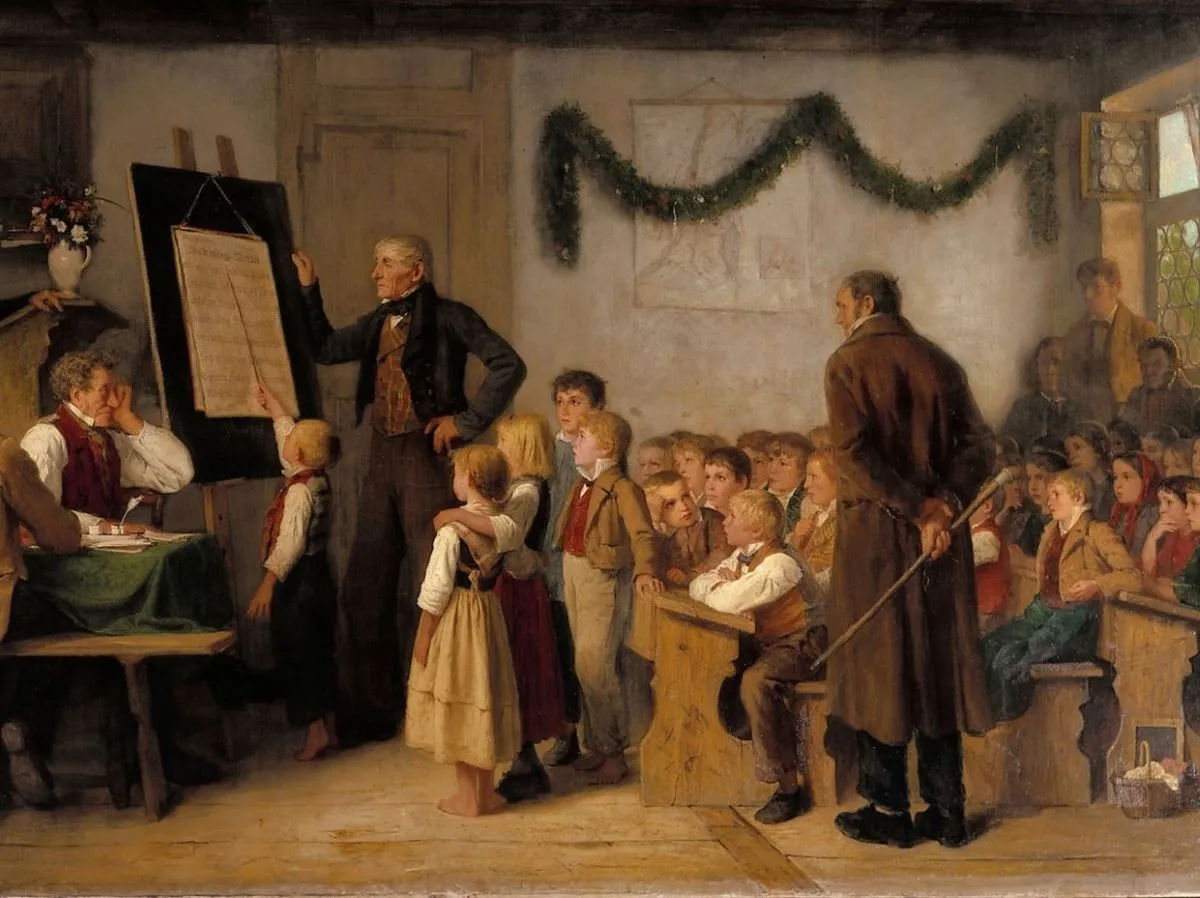 Ilustração mostra uma sala de aula do século XVIII, o ato educativo continua o mesmo.
