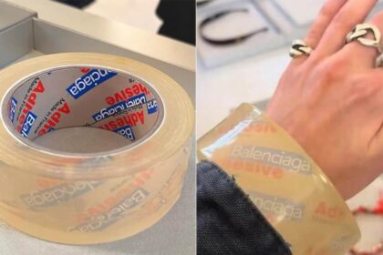 Foto de um bracelete, da marcar Balenciaga, que imita um rolo de fita adesiva transparente. Isso também é moda.