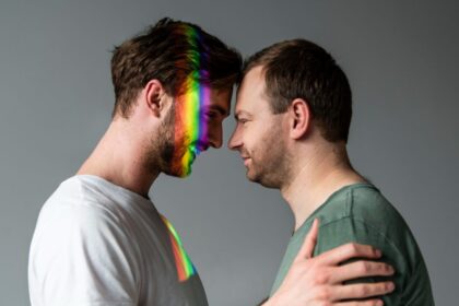 Na foto, no interior de algum lugar, dois jovens estão com a cabeça encontrada no outro, num deles reflete uma luz com po arco iris, Vida mais simples