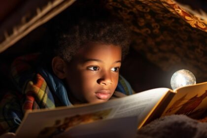 Foto de uma criança negra, deitada dentro de uma espécie de cabana na cama, com um livro aberto á frente, iluminado por uma lanterna. O lugar do Corpo negro nunca teve expressão na literatura