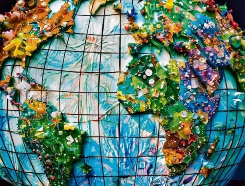 Imagem do globo terrestre com pontos com plástico em todo o lugar