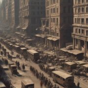 A foto mostra uma avenida de uma grandes cidades, mas numa cena de futuros de distopias. A foto é monocromática, com prédios altos, mas degradados, carros abandonados na avenida, pessoas em filas.