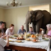 Foto de uma família jantando e atrás um elefante no meio da sala