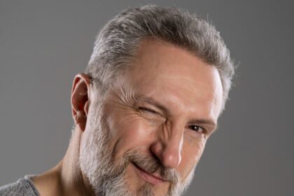 Foto do rosto de um homem idoso, bonito, cabelos e barba grisalhos