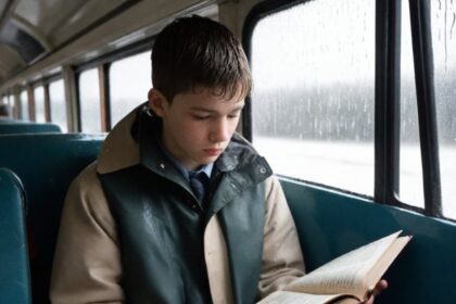 Jovem lê um livro de ônibus, chove muito e tem umidade nas paredes