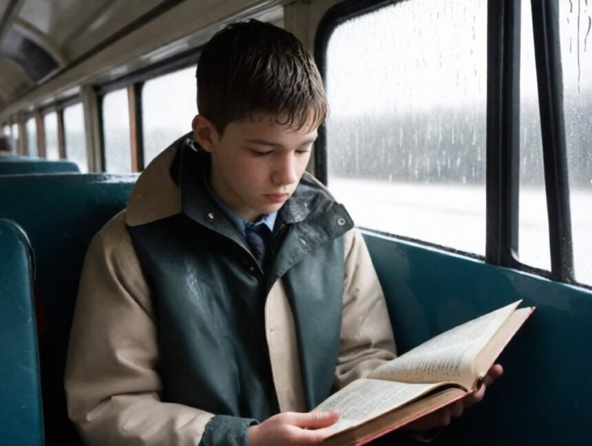 Jovem lê um livro de ônibus, chove muito e tem umidade nas paredes