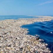 A foto mostra um mar azul e sobre ele Ilhas de lixo. É a mostra da deterioração dos oceanos