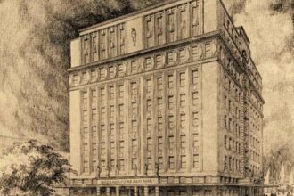 Ilustração do prédio do Palácio do Comércio, em Porto Alegre, obra do arquiteto José Lutzenberger.