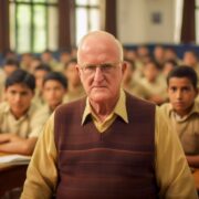 Foto de um professor veterano à frente da classe de alunos. A palavra é humanização.