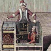 Ilustração antiga mostra a antiga máquina de xadrez com uuma suposta inteligência artificial, que fez sucesso nos séculos XVIII e XVIIII na europa. Era a modernidade