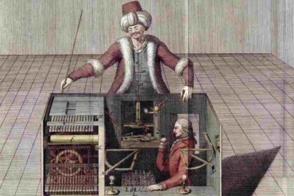 Ilustração antiga mostra a antiga máquina de xadrez com uuma suposta inteligência artificial, que fez sucesso nos séculos XVIII e XVIIII na europa. Era a modernidade