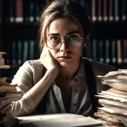 Foto de uma mulher jovem, de óculos, cabelos presos, com pilas de livros a sua volta, pode ser uma contadora de números ou uma contadora de histórias