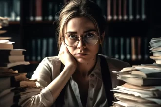 Foto de uma mulher jovem, de óculos, cabelos presos, com pilas de livros a sua volta, pode ser uma contadora de números ou uma contadora de histórias