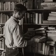 Foto em preto e branco de um homem, de cerca de 40 anos, retirando livros de uma estante. Pesquisando para o seu artigo.