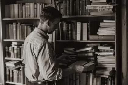 Foto em preto e branco de um homem, de cerca de 40 anos, retirando livros de uma estante. Pesquisando para o seu artigo.