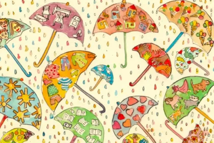 Ilustração de capa de livro com guarda-chuvas coloridas entre gotas de chuvas. O livro fala de sons e barulhos da enchente de porto alegre em 2024