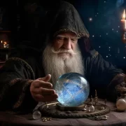Imagem mostra um mago da idade média com as mãos sobre uma bola de cristal