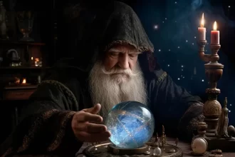 Imagem mostra um mago da idade média com as mãos sobre uma bola de cristal
