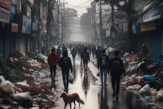 Foto gerada por IA mostra uma rua cheia de lixo e entulhos após uma enchente e pessoas caminham. dará muito trabalho reconstruir a cidade.