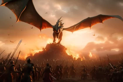 Ilustração feita por inteligência artificial mostra um dragão atacando um exército humano antigo, isso é literatura