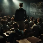 Imagem gerada por inteligência artificial, mostra alunos sentados numa sala de aula, e um em pé. Ambiente escuro fazendo apologia à educação moderna
