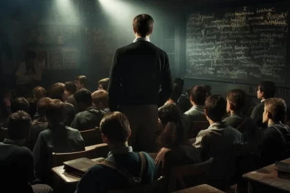 Imagem gerada por inteligência artificial, mostra alunos sentados numa sala de aula, e um em pé. Ambiente escuro fazendo apologia à educação moderna