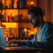 Foto de perfil de um homem escrevendo num computador, ao fundo livros e velas, é noite e sair da página em branco é o desafio