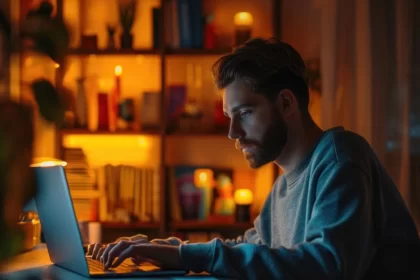 Foto de perfil de um homem escrevendo num computador, ao fundo livros e velas, é noite e sair da página em branco é o desafio