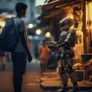 Imagem gerada por inteligência artificial mostra um menino negro numa favela interagindo com um humanoide, é o futuro da tecnologia