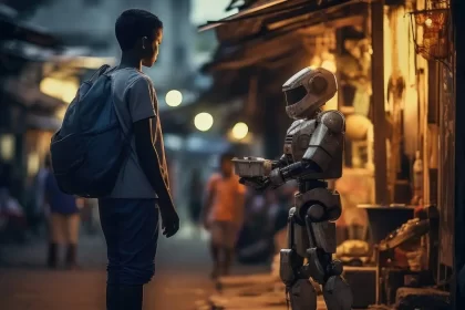 Imagem gerada por inteligência artificial mostra um menino negro numa favela interagindo com um humanoide, é o futuro da tecnologia