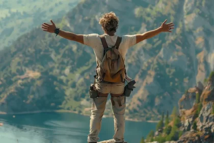 Foto de um homem de costas de braços abertos para uma vista bonita de lago e montanha. É preciso ter coragem para conquista a liberdade.