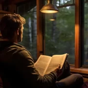 Foto de um homem lendo um livro sentado numa poltrona na biblioteca de casa, literatura e dor