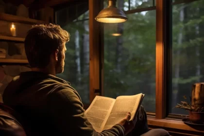 Foto de um homem lendo um livro sentado numa poltrona na biblioteca de casa, literatura e dor