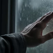 Foto da mão de um homem tocando o vidro da janela por escorre a água da chuva. Antissemita à espreita me angustia.