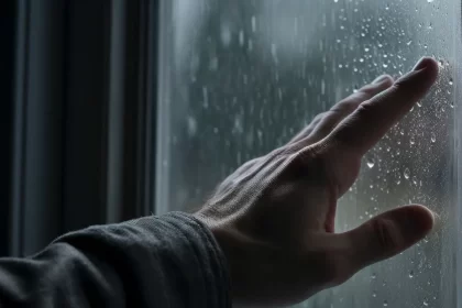 Foto da mão de um homem tocando o vidro da janela por escorre a água da chuva. Antissemita à espreita me angustia.
