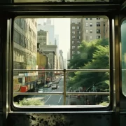 Foto de uma avenida de uma grande avenida do ponto de vista de quem está dentro de um metrô aéreo, cidades.