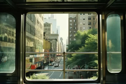 Foto de uma avenida de uma grande avenida do ponto de vista de quem está dentro de um metrô aéreo, cidades.