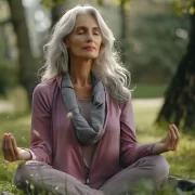 Mulher de cabelo grisalho comprido está sentada no gramado de um parque em posição de meditação. É preciso cuidar de si.