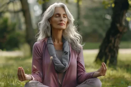 Mulher de cabelo grisalho comprido está sentada no gramado de um parque em posição de meditação. É preciso cuidar de si.