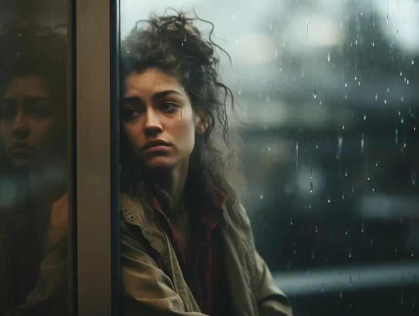 Foto de uma mulher olhando a chuva pela janela, nem sãos nem salvos.