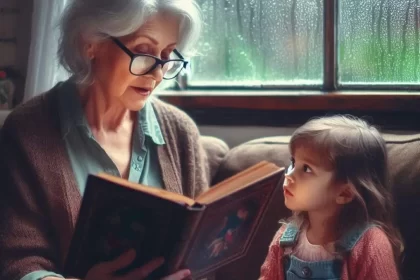 Imagem criada por inteligência artificial, vó e lê um livro para sua neta, é assim que se cria o vínculo