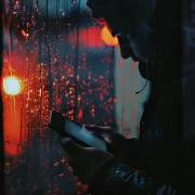 Foto de um homem num abiente escuro, mexendo no celular em frente a uma janela onde se pode ver a chuva na rua. cartilha.