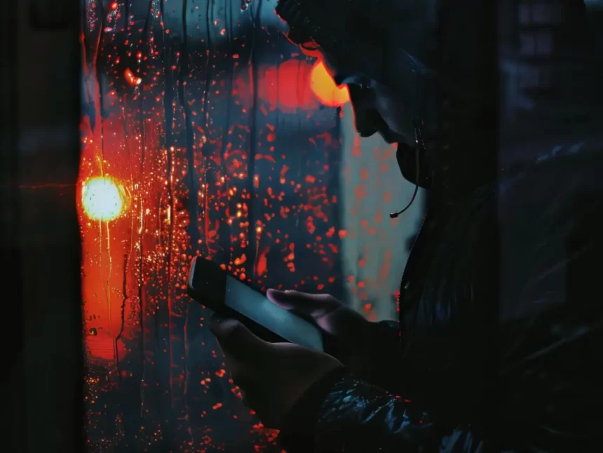 Foto de um homem num abiente escuro, mexendo no celular em frente a uma janela onde se pode ver a chuva na rua. cartilha.