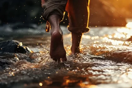 Foto de pés caminhando numa rua alagada, com o sol refletindo na água. Pesadelo das tragédias ambientais,