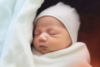 Foto de um bebê recém nascido, de toca e bem enrolado. Mais um bebê para esse mundo doido.
