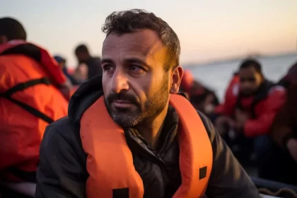 Foto mostra homens com coletes salva-vidades dentro de um barco. É a solidariedade em ação.